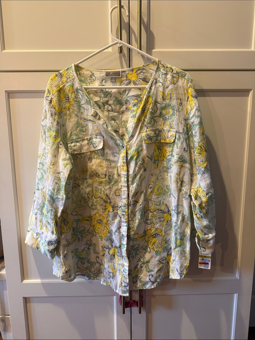 JM collection LinenFloral Button-Up Blouse in Yellow & Green 14